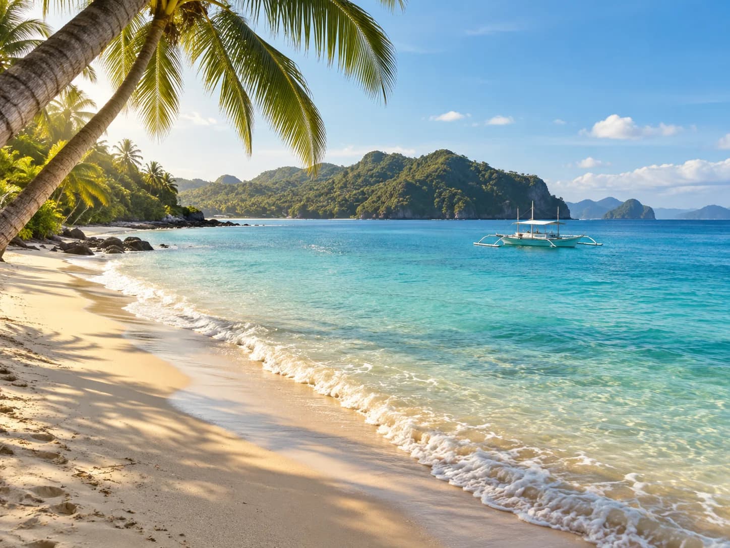 Travel illustration of a palm-framed tropical beach with a traditional outrigger boat