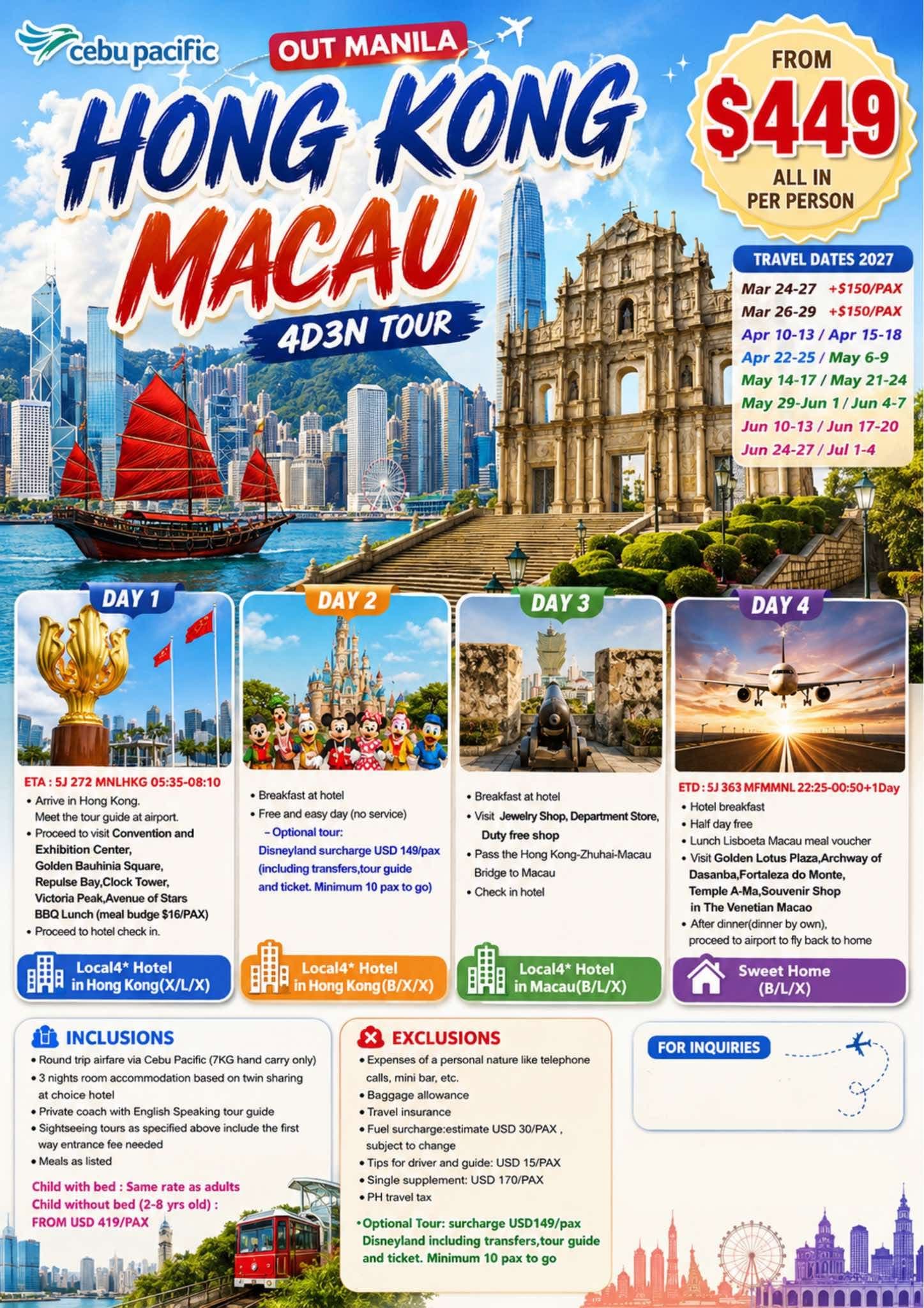 4D3N Hong Kong Macau Tour flyer — from USD 449 all-in per person, travel dates 2027, day-by-day itinerary, inclusions and exclusions