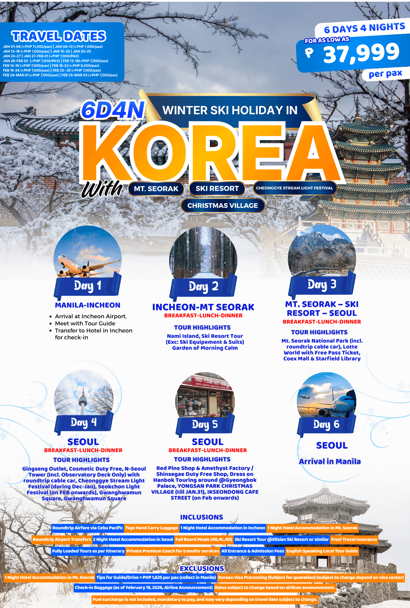 6D4N Winter Ski Holiday in Korea